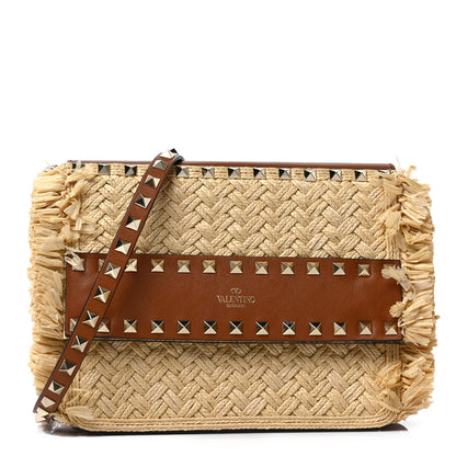 Valentino Garavani Raffia Calfskin Small Rockstud Shoulder Bag Natural Selleria 1 of 8