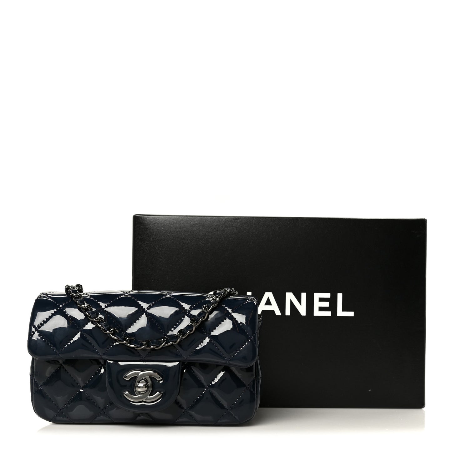 Patent Calfskin Quilted Extra Mini Rectangular Flap Navy Blue