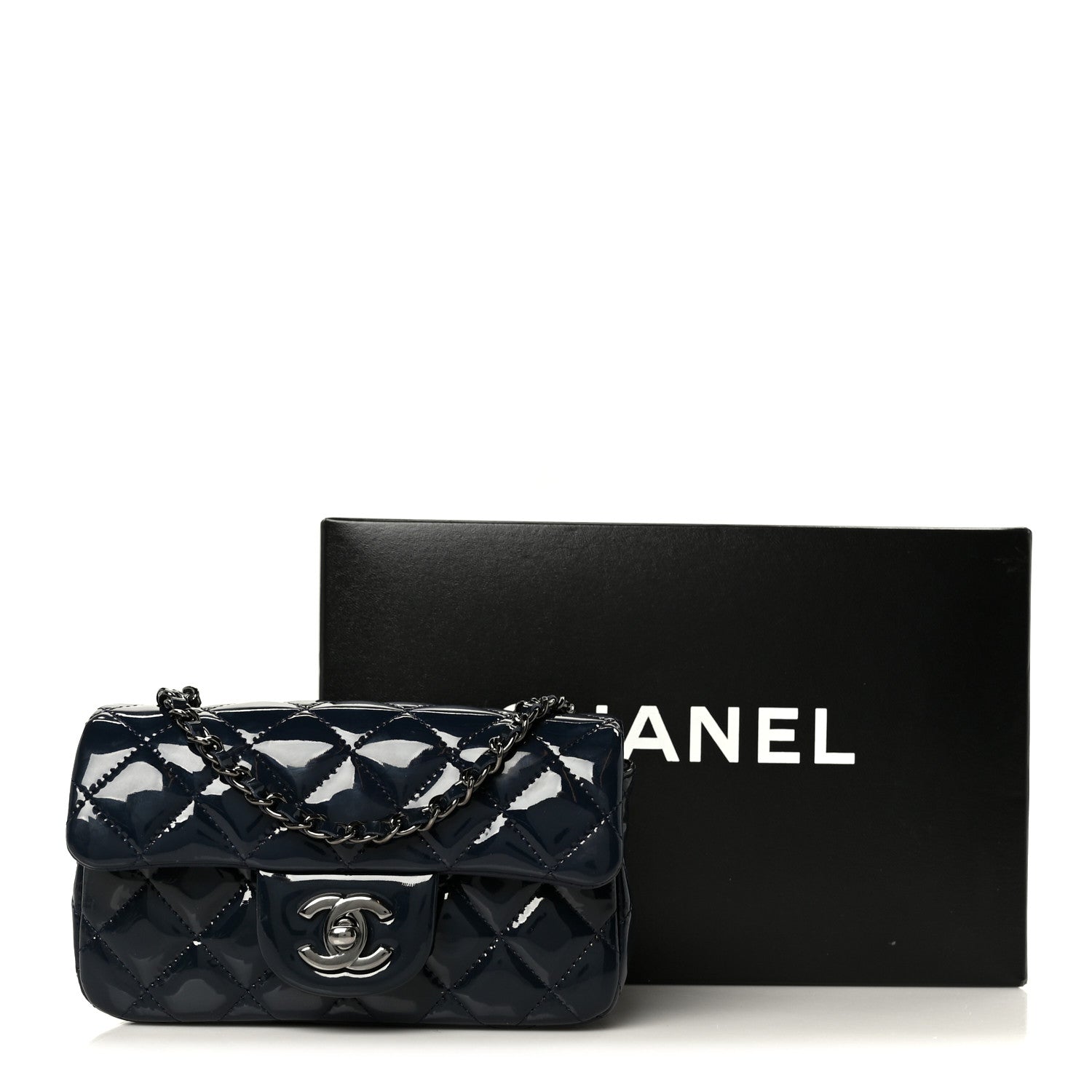 Chanel Patent Calfskin Quilted Extra Mini Rectangular Flap Navy Blue 12 of 12