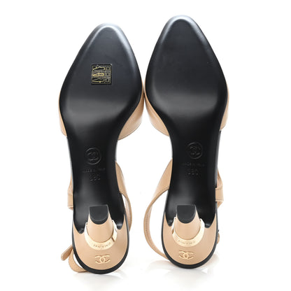 Chanel Lambskin Pearl Cap Toe CC Slingback Pumps 38 Beige Black 4 of 4