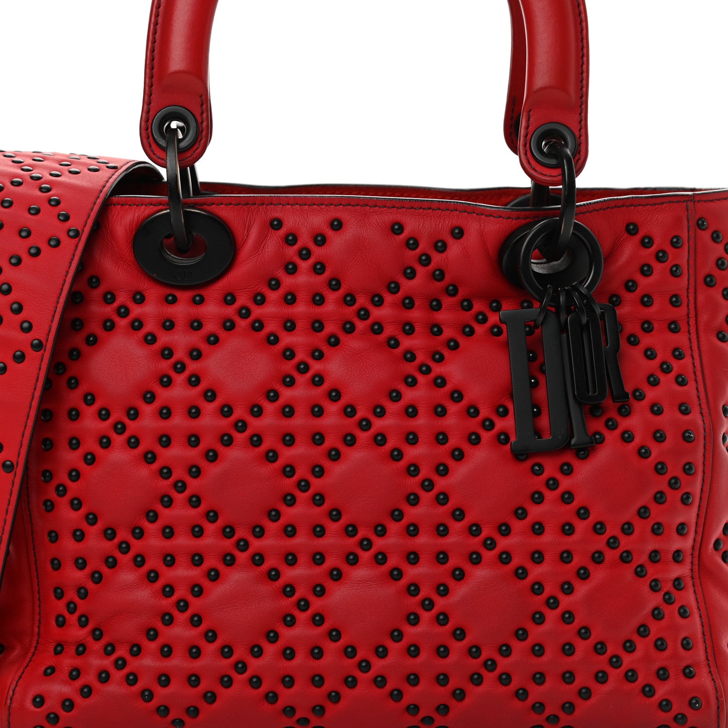 Christian Dior Lambskin Cannage Studded Medium Supple Lady Dior Red Black 8 of 17