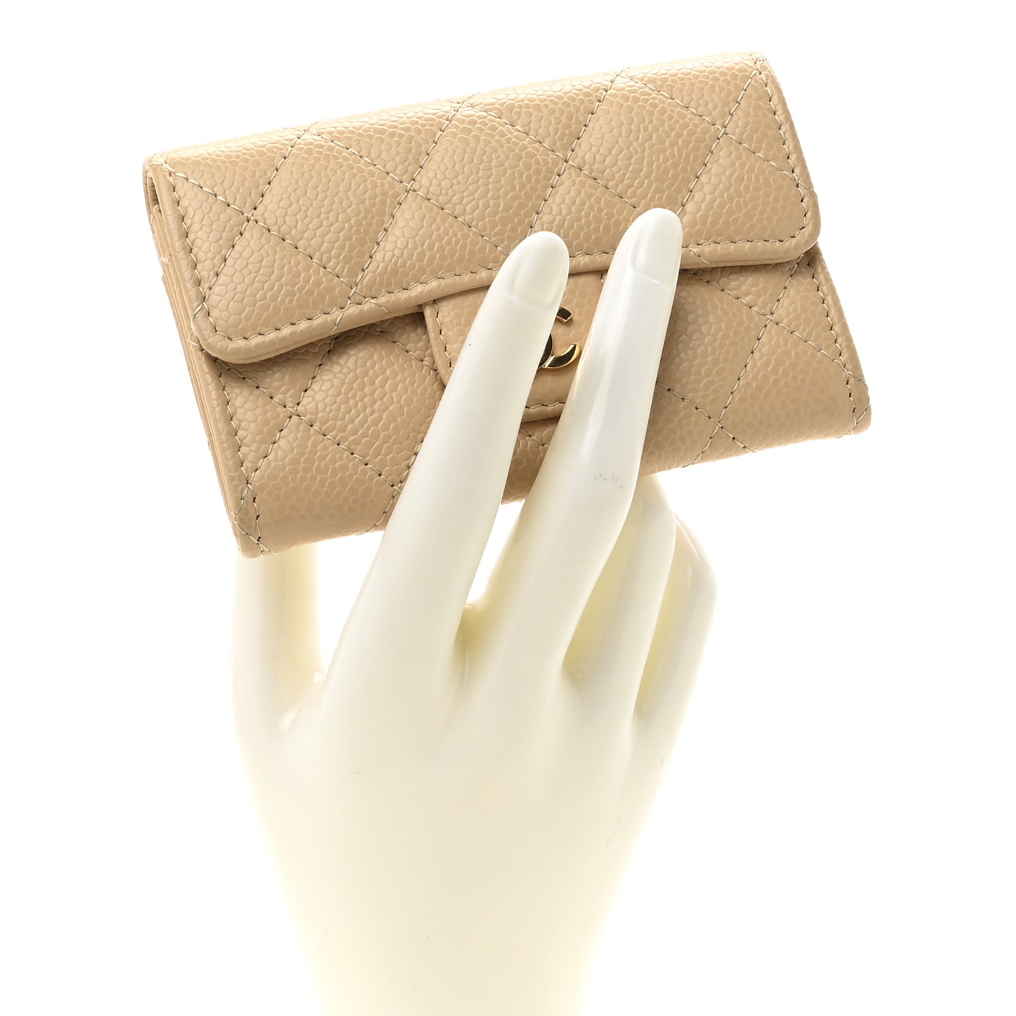 Caviar Quilted Flap Card Holder Wallet Beige