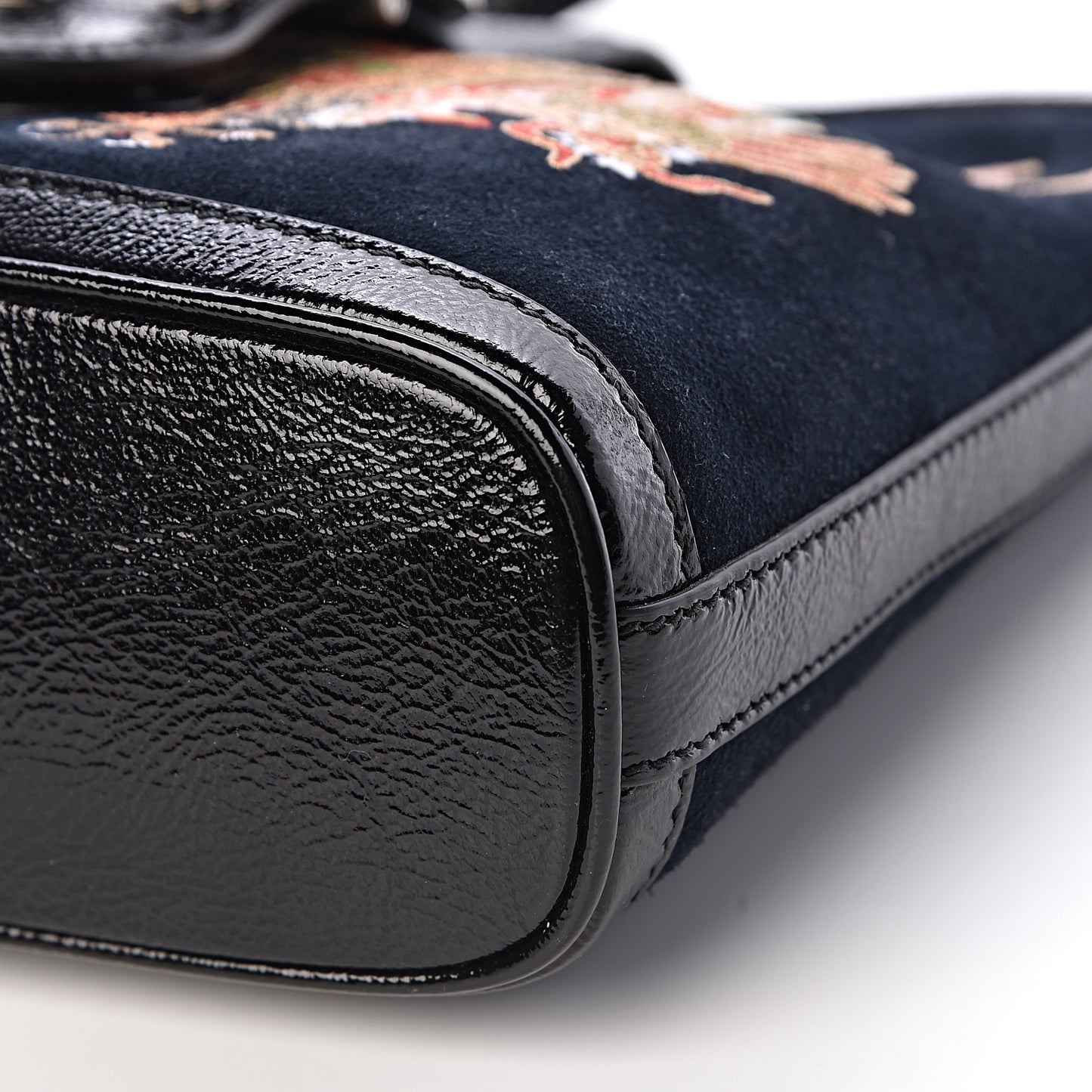 Suede Patent Dragon Embroidered Medium Dionysus Bucket Bag Dark Blue
