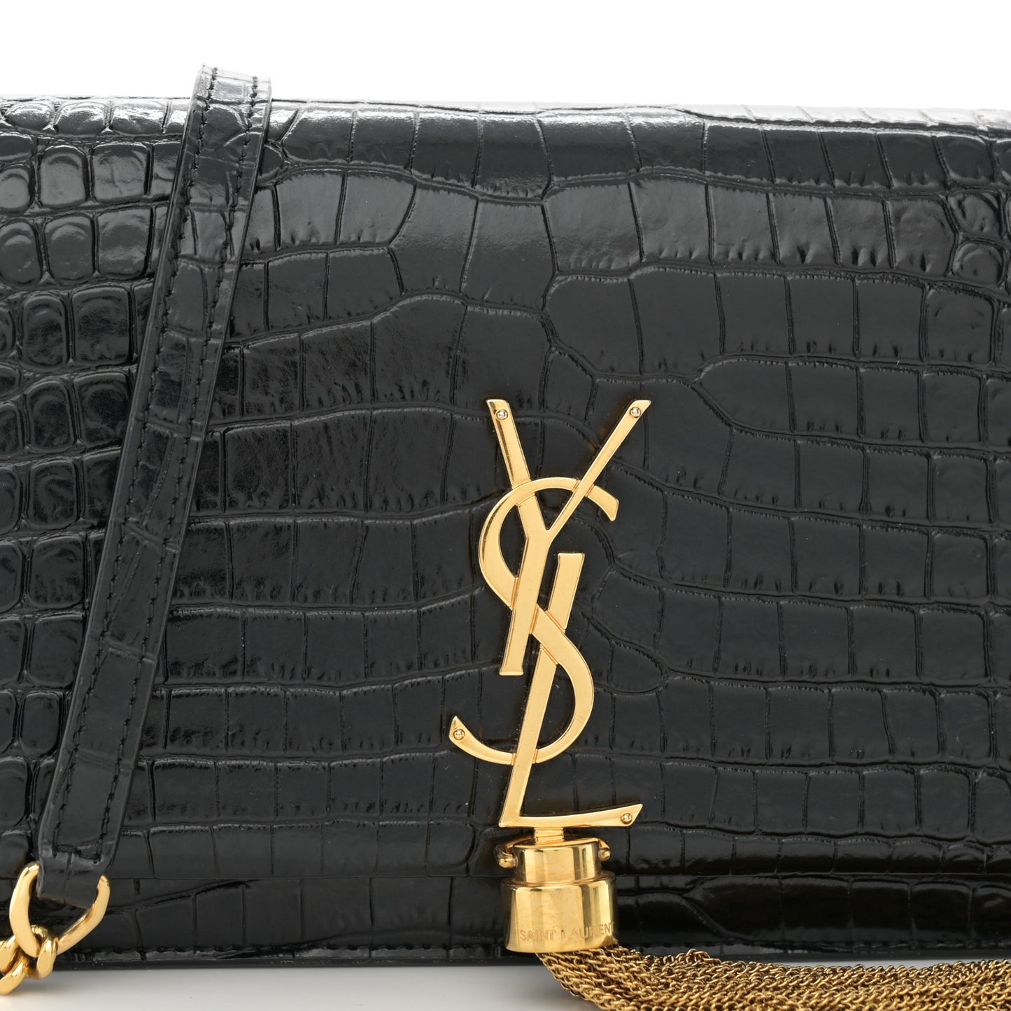 Calfskin Crocodile Embossed Kate Monogram Tassel Chain Wallet Black