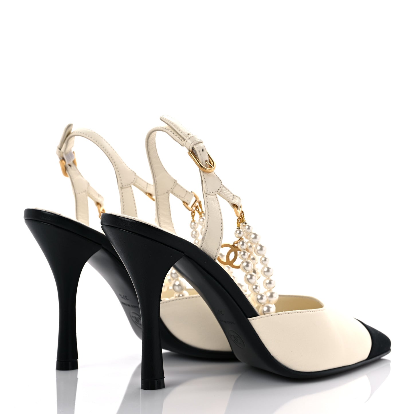 Lambskin Grosgrain Cap Toe Pearl Slingbacks Pumps 37.5 Ivory Black