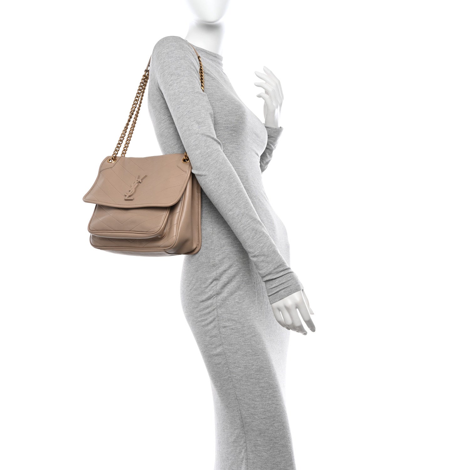 Saint Laurent Lambskin Matelasse Monogram Medium Niki Chain Satchel Light Taupe 2 of 14