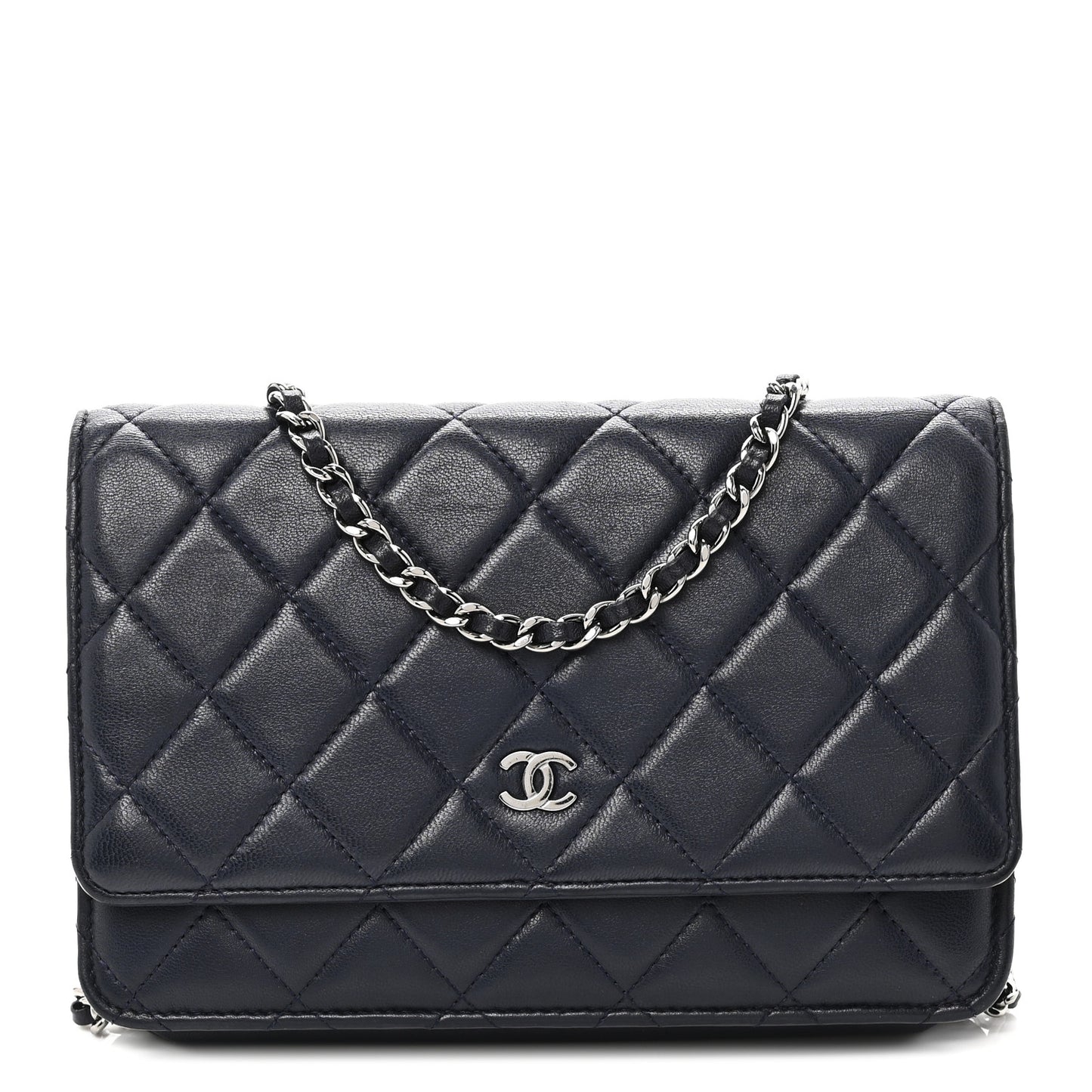Lambskin Quilted Wallet On Chain WOC Navy Blue