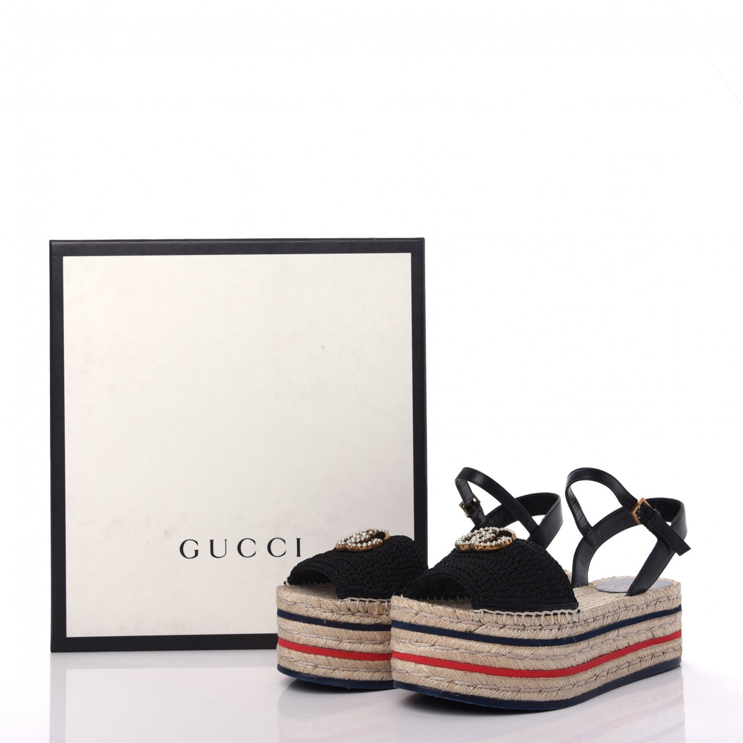 Cotton Malaga Kid Crochet Pearly GG Lilibeth Espadrille Platform Sandals 37.5 Black