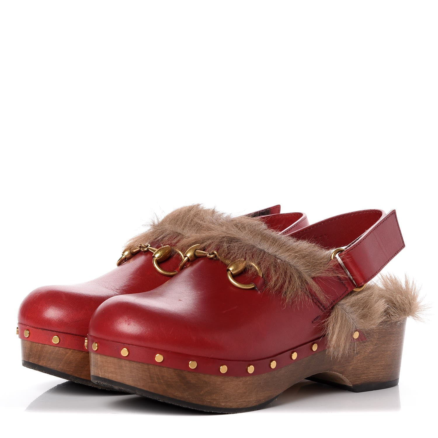 Gucci Calfskin Fur Horsebit Amstel Slingback Clogs 37.5 Rosso Naturale 3 of 9