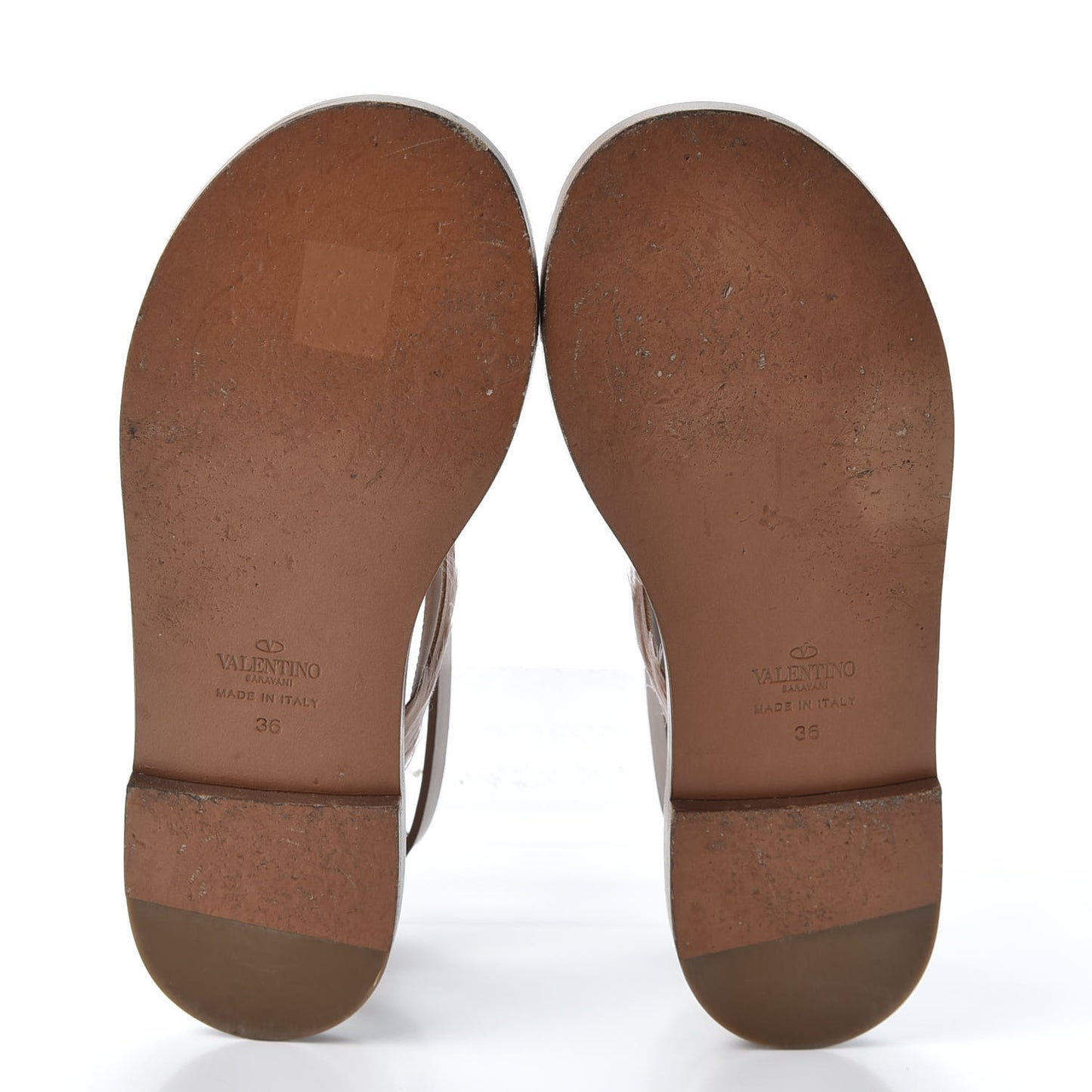Calfskin Feather Rockstud Ankle Strap Flat Sandals 36 Tan Pink