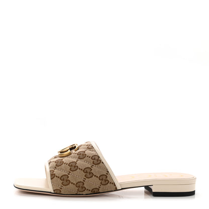 Gucci Monogram Matelasse Diagonal GG Marmont Flat Slide Sandals 39 Beige Ebony Mystic White 1 of 8
