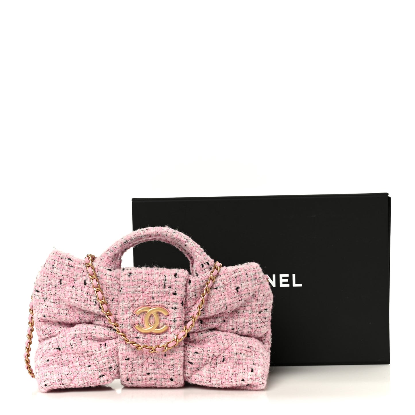Tweed Quilted Mini Bow Bag Pink Black Ecru