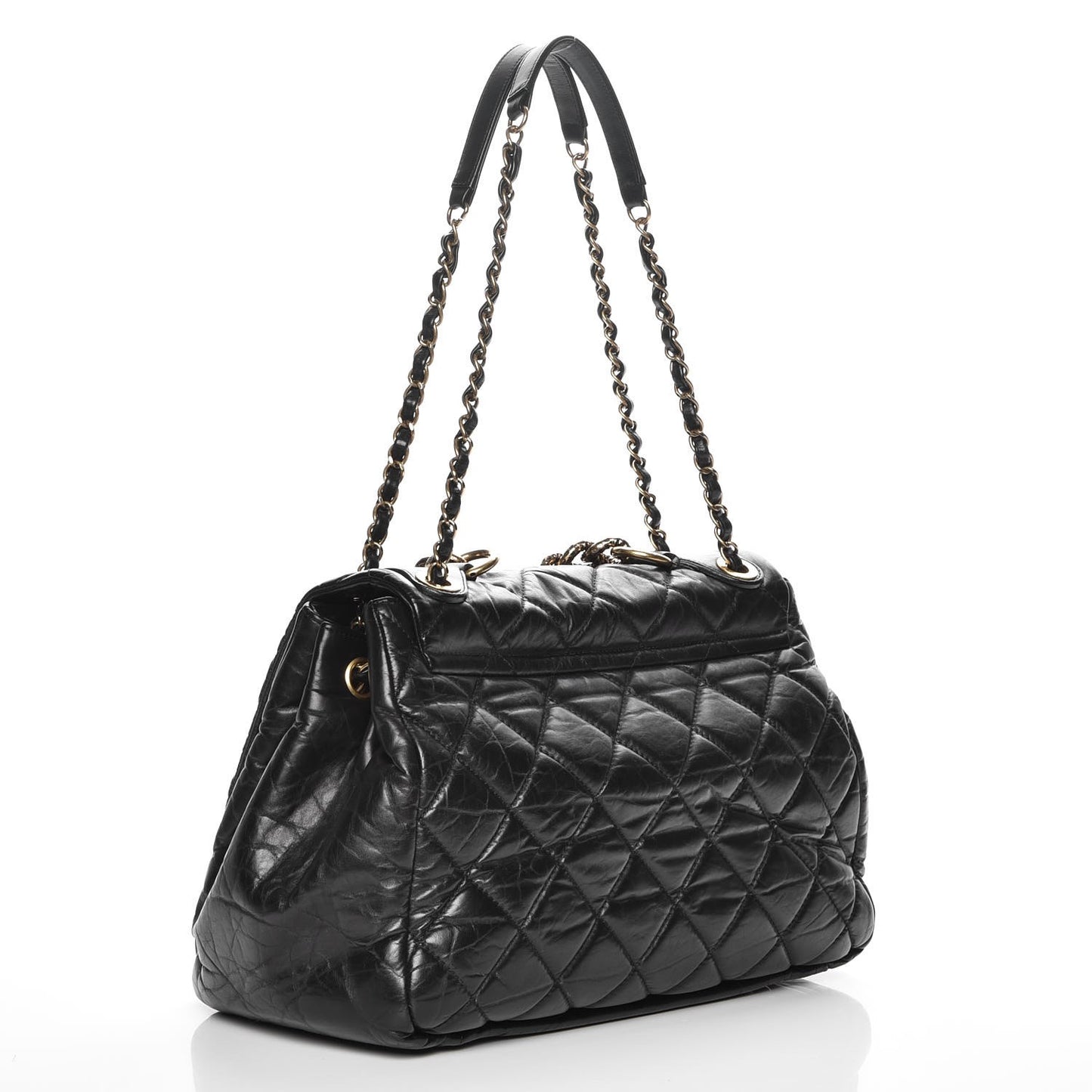 Aged Calfskin Quilted Large Pondichery Flap Black