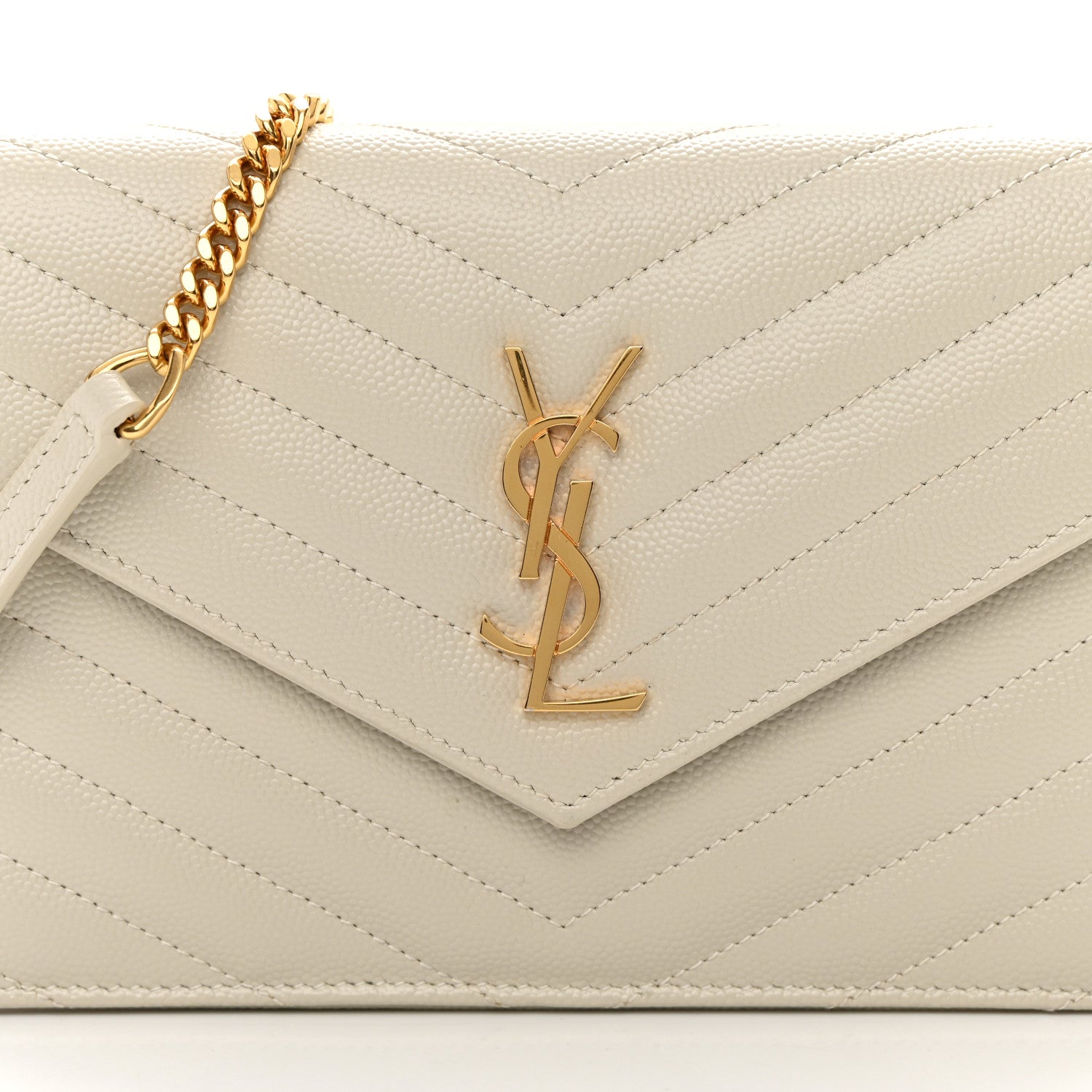 Saint Laurent Grain De Poudre Matelasse Chevron Monogram Envelope Chain Wallet Blanc Vintage 9 of 15