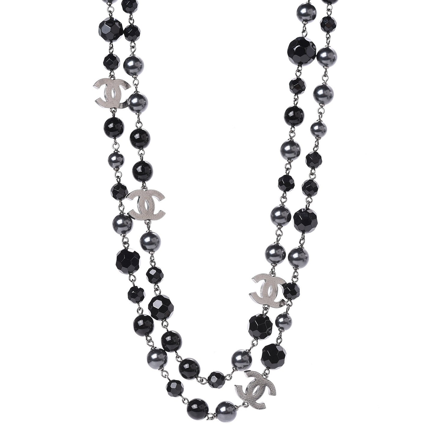 Ruthenium Pearl Beaded CC Long Necklace Black