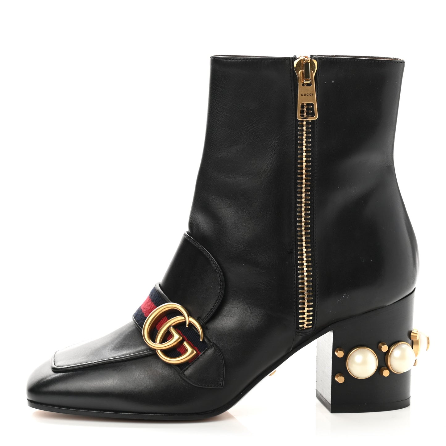 Betis Glamour Calfskin Web Pearl Embellished Peyton 75mm Ankle Boots 37.5 Black