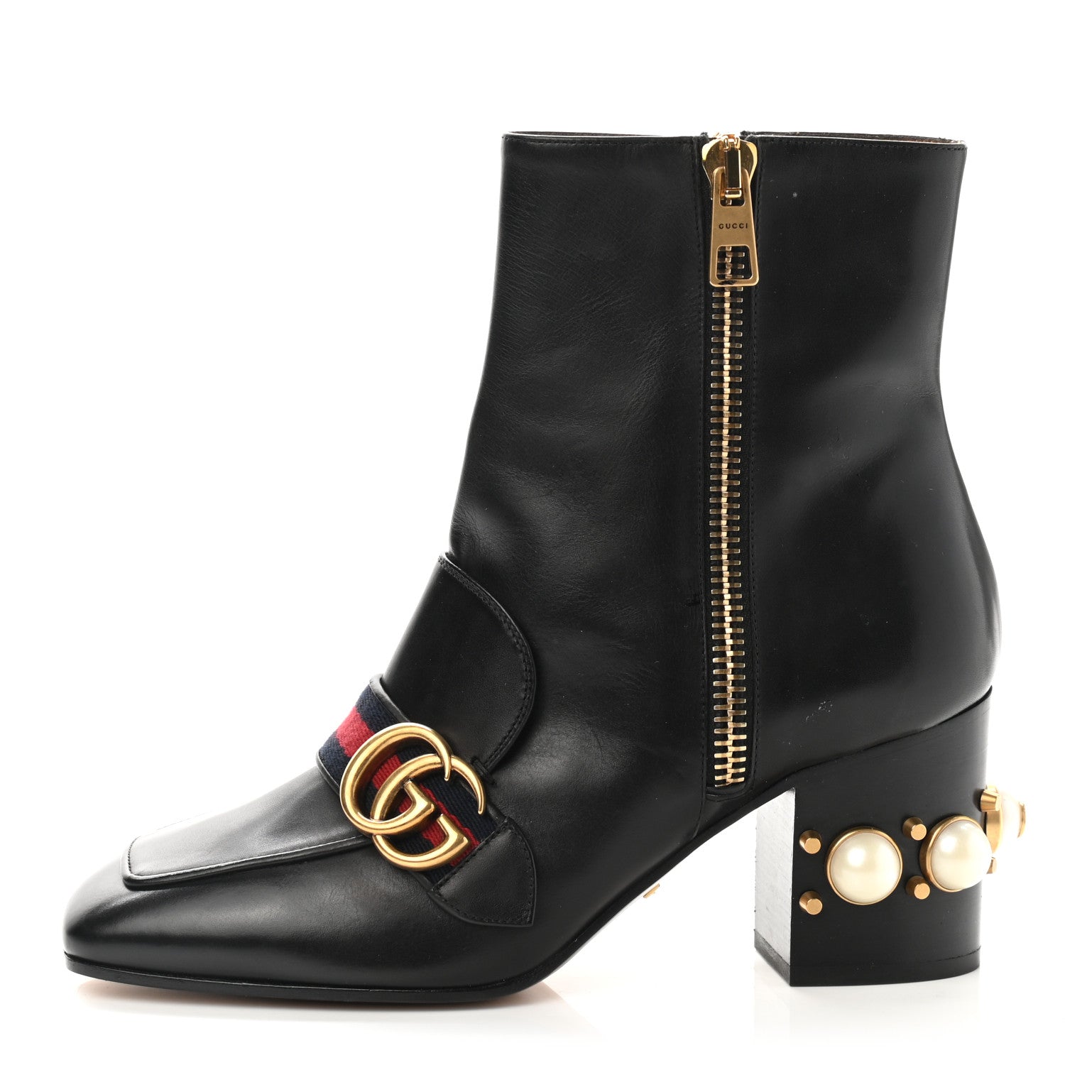 Gucci Betis Glamour Calfskin Web Pearl Embellished Peyton 75mm Ankle Boots 37.5 Black 1 of 8