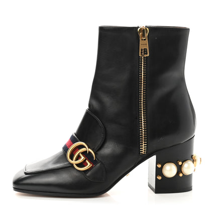 Gucci Betis Glamour Calfskin Web Pearl Embellished Peyton 75mm Ankle Boots 37.5 Black 1 of 8