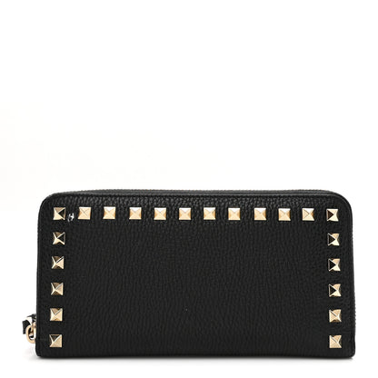 Valentino Garavani Pebbled Calfskin Rockstud Zip Around Wallet Black 1 of 6