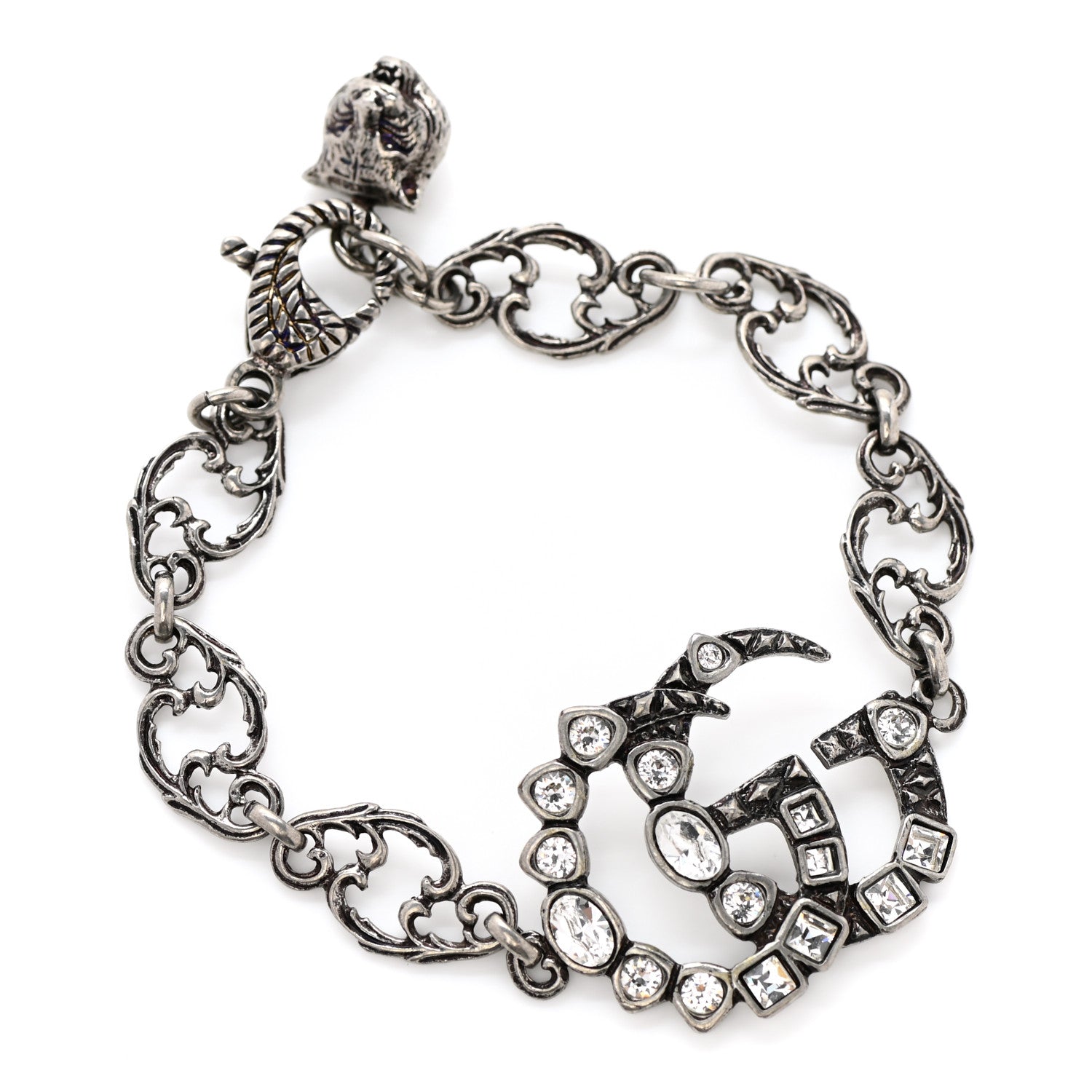 Gucci Oxidized Palladium Crystal Double G Bracelet Silver 1 of 5