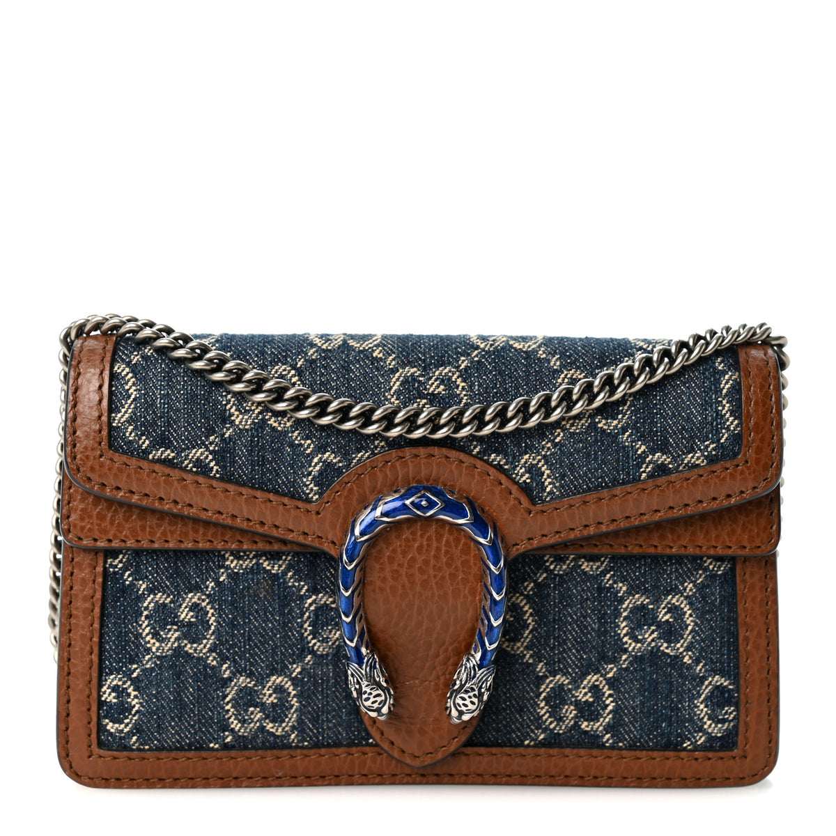 New Denim GG Monogram Dollar Calfskin Enamel Super Mini Dionysus Shoulder Bag Blue Tea Cuir Epilog Electric Blue