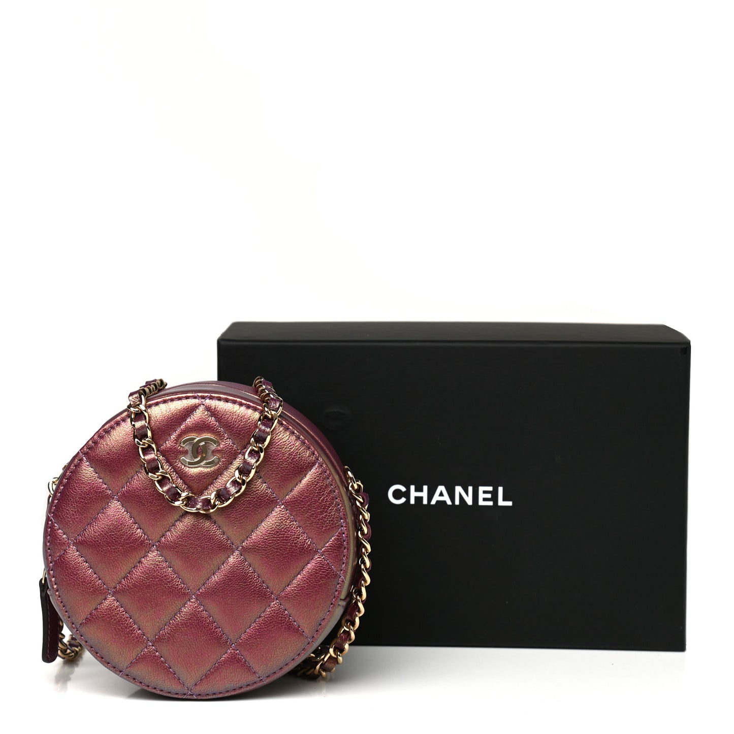 Iridescent Lambskin Quilted Round Clutch With Chain Purple