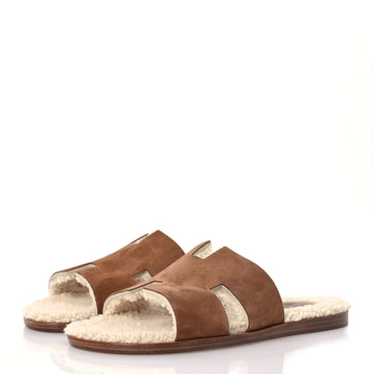 Hermes Suede Goatskin Shearling Mens Izmir Sandals 43 Marron Teck Ecru 4 of 9