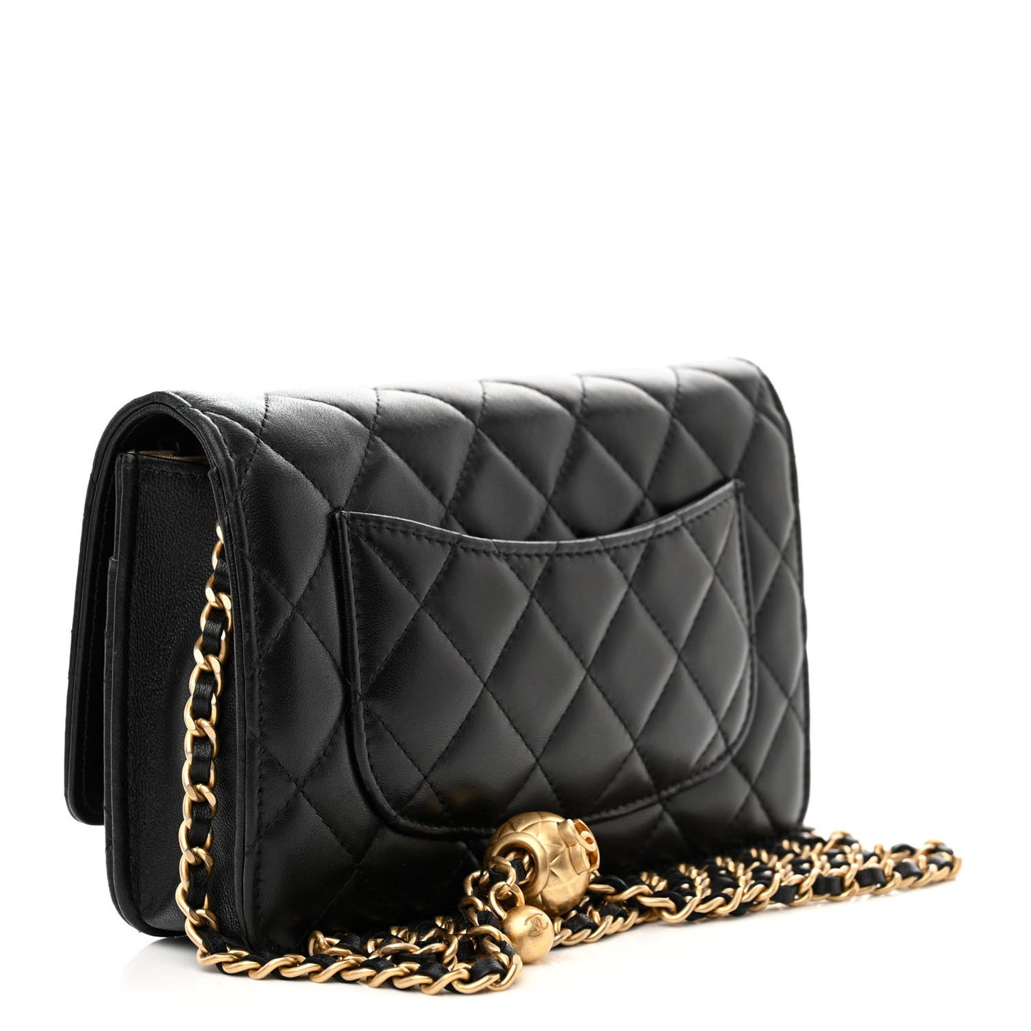 Lambskin Quilted Pearl Crush Wallet On Chain WOC Black