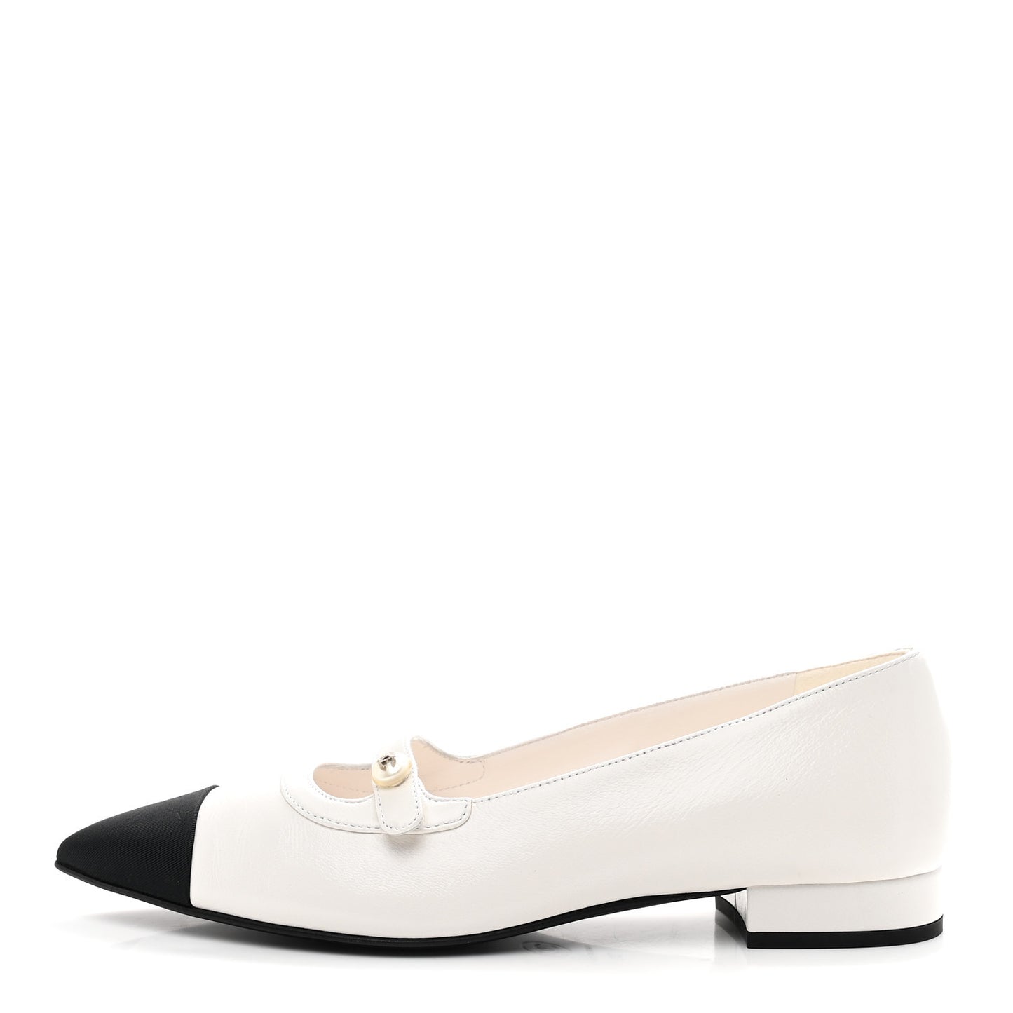 Shiny Lambskin Grosgrain Pearl Mary Janes Flats 38 White Black
