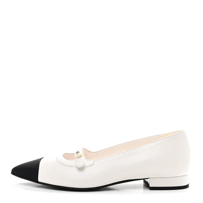 Chanel Shiny Lambskin Grosgrain Pearl Mary Janes Flats 38 White Black 1 of 10