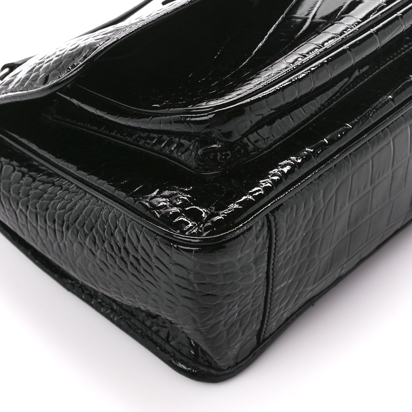 Patent Crocodile Embossed Lambskin Monogram Medium Niki Chain Satchel Black