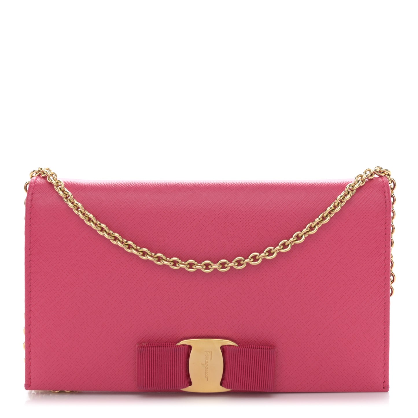 Hammered Calfskin Vara Bow Chain Wallet Pink