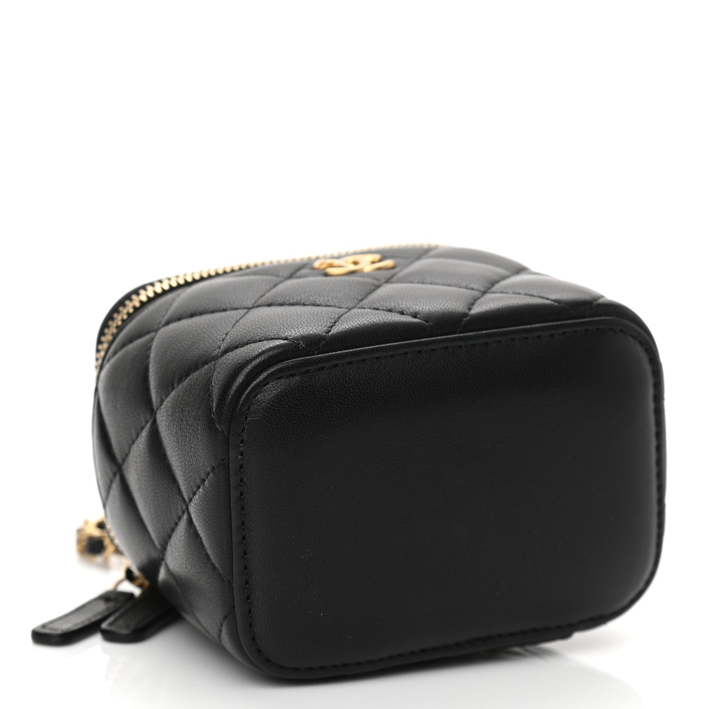 Lambskin Quilted Mini Pearl Crush Vanity Case With Chain Black