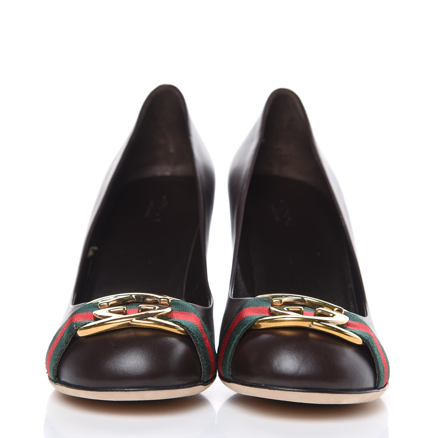 Gucci Calfskin Interlocking GG Web Mid Heel Pumps 39 Dark Cocoa 2 of 8