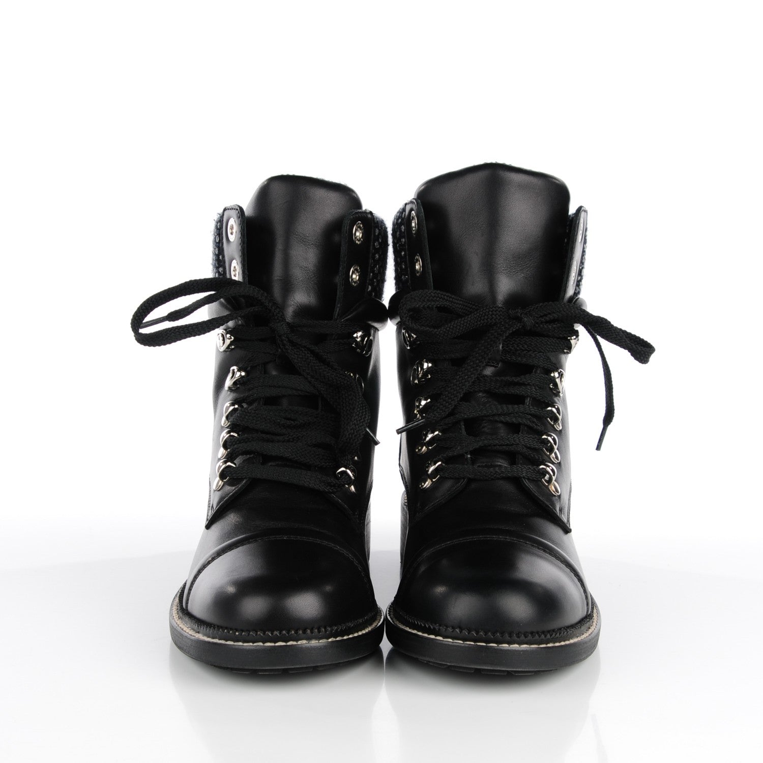 Chanel Calfskin Wool Combat Boots 40 Black 2 of 9