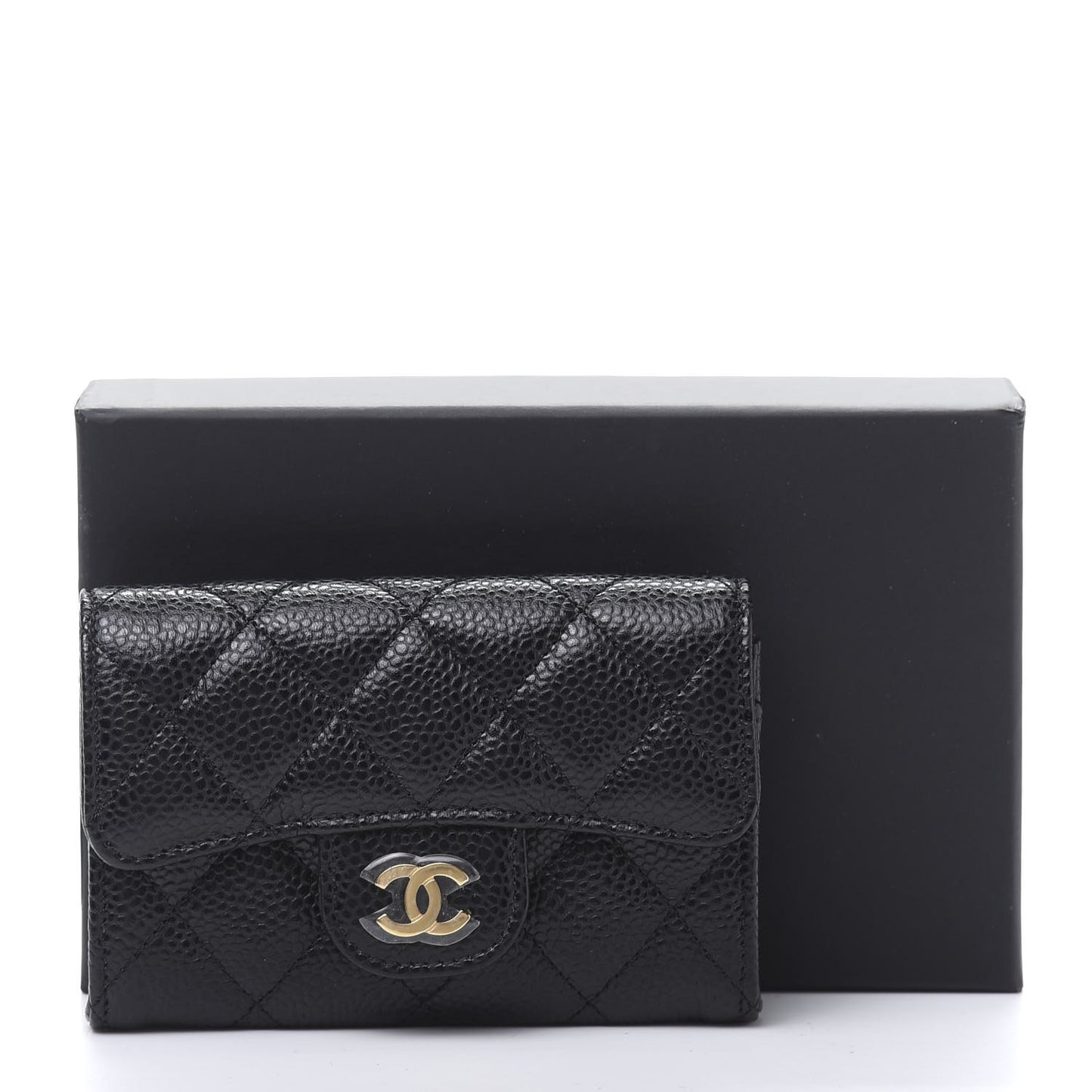 Caviar Quilted Flap Card Holder Wallet Black