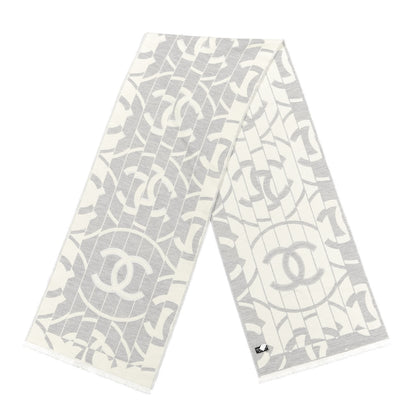 Chanel Wool Silk CC Scarf Grey Ivory 1 of 3