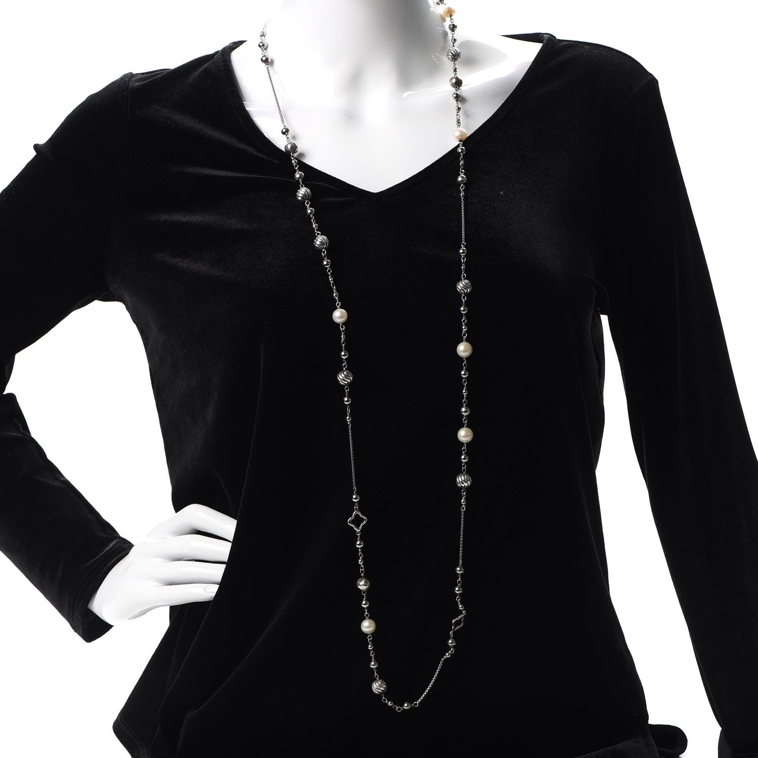 David Yurman Sterling Silver Pearl Quatrefoil Bead Long Chain Necklace 2 of 5