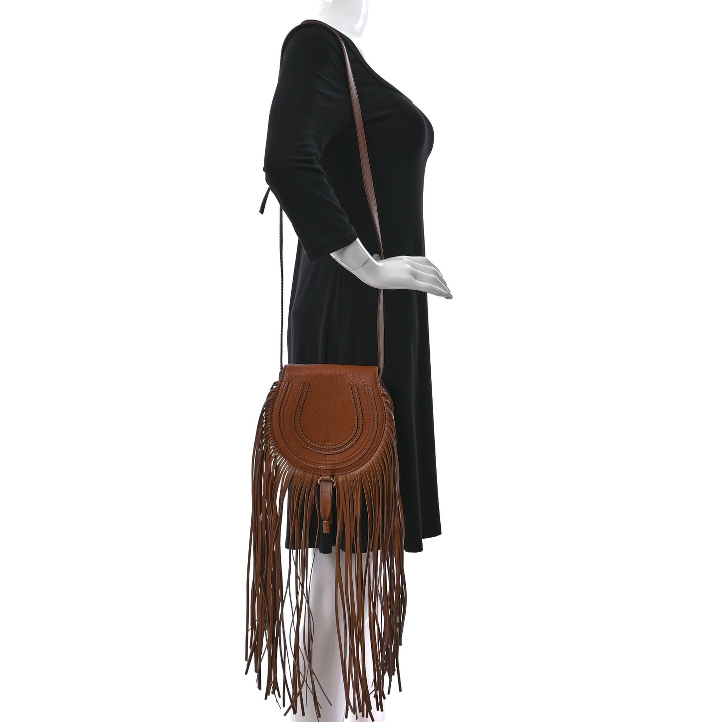 Calfskin Mini Marcie Round Fringe Crossbody Bag Tan