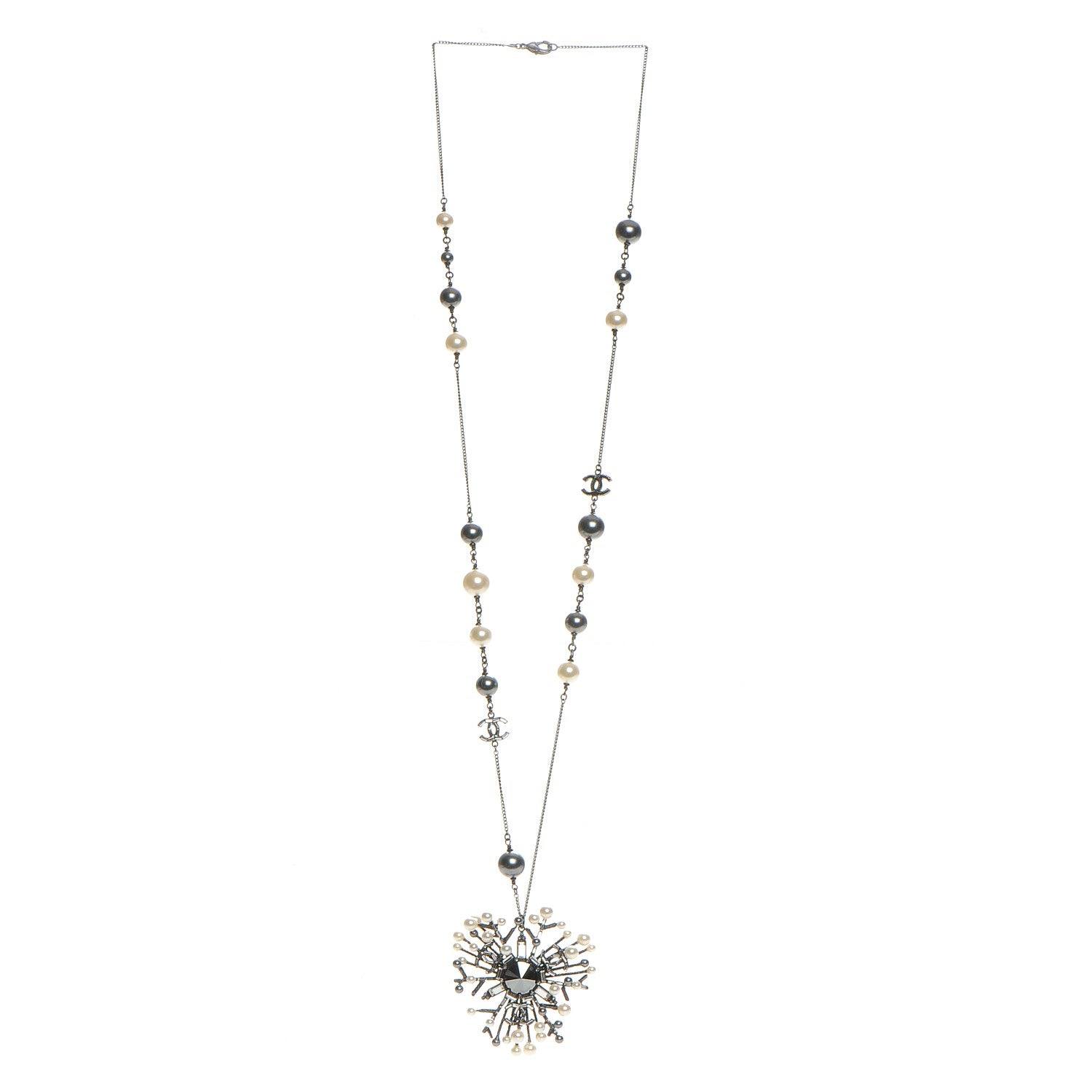 Chanel Crystal Baguette Pearl CC Necklace Black Silver 3 of 5