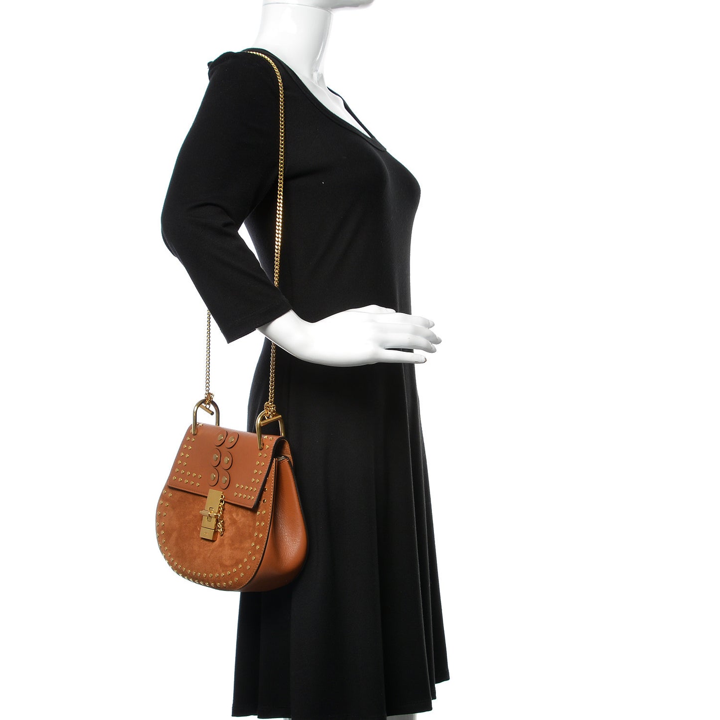 Suede Smooth Calfskin Studded Drew Shoulder Bag Caramel