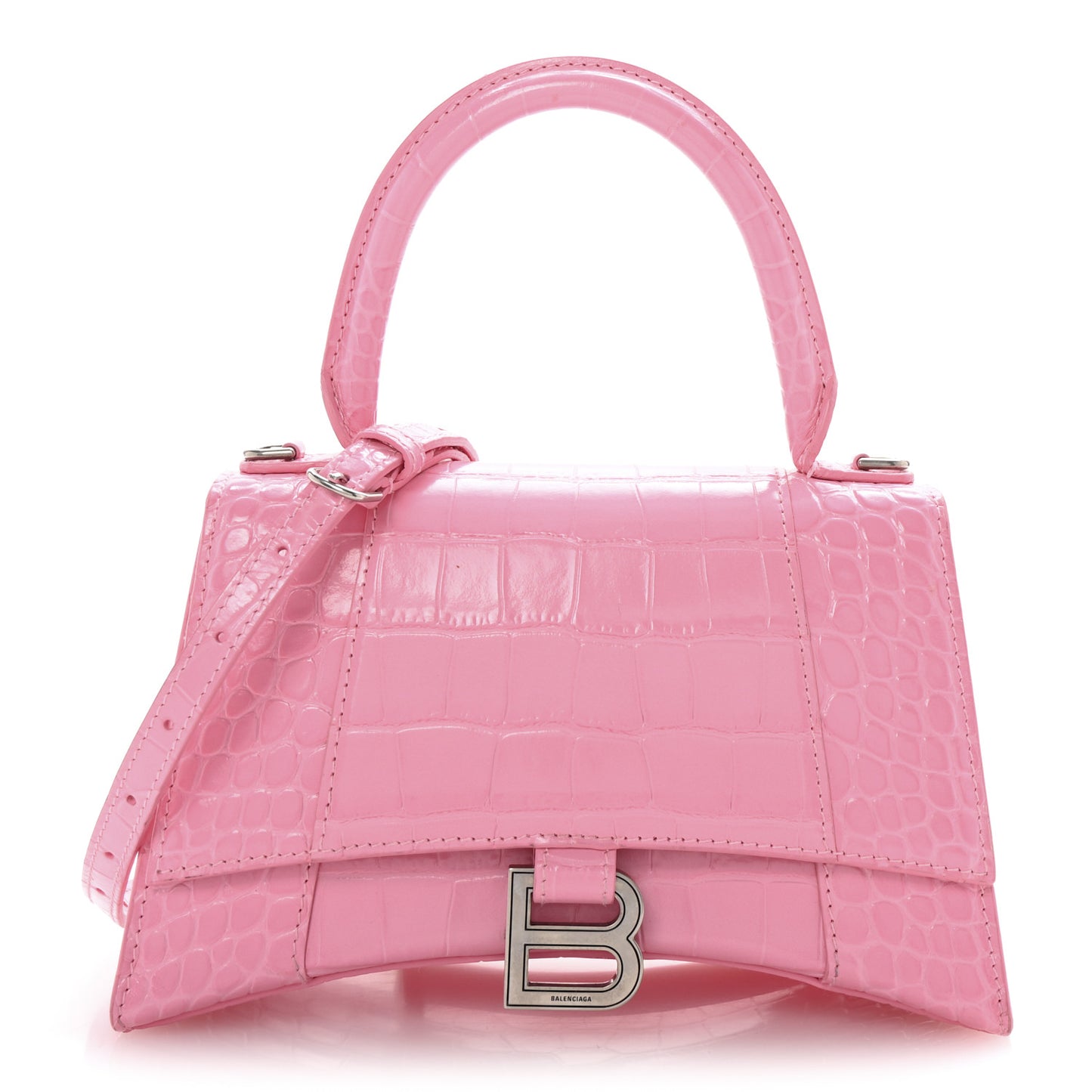 Shiny Calfskin Crocodile Embossed Small Hourglass Top Handle Bag Candy Pink