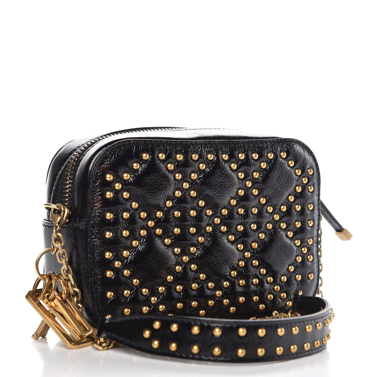 Crinkled Calfskin Studded Cannage Camera Case Black