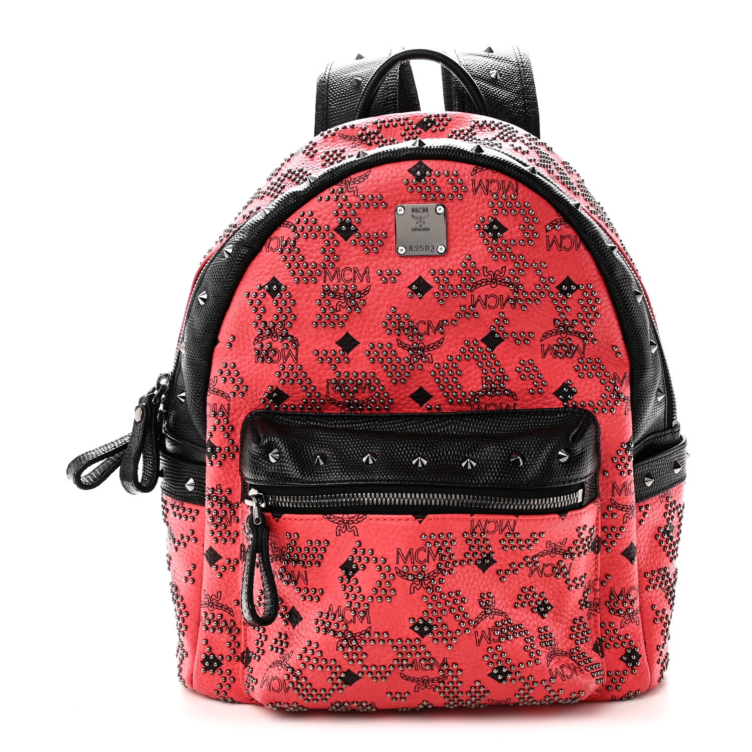 MCM Visetos Lizard Embossed Calfskin Studded Small Backpack Coral Black 1 of 9