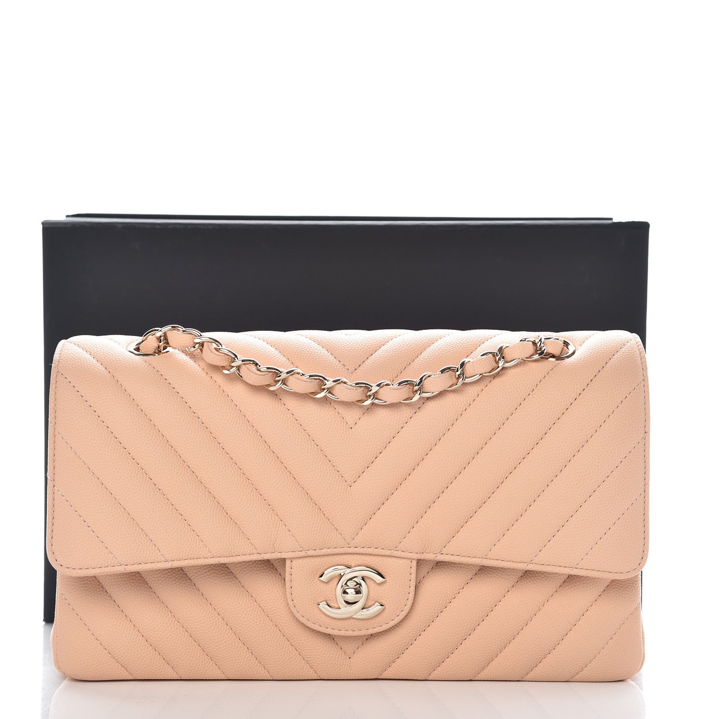 Caviar Chevron Quilted Medium Double Flap Beige