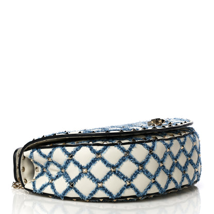 Valentino Garavani Nappa Denim Medium Rockstud Spike Halfmoon Saddle Bag Ivory Blue 5 of 14