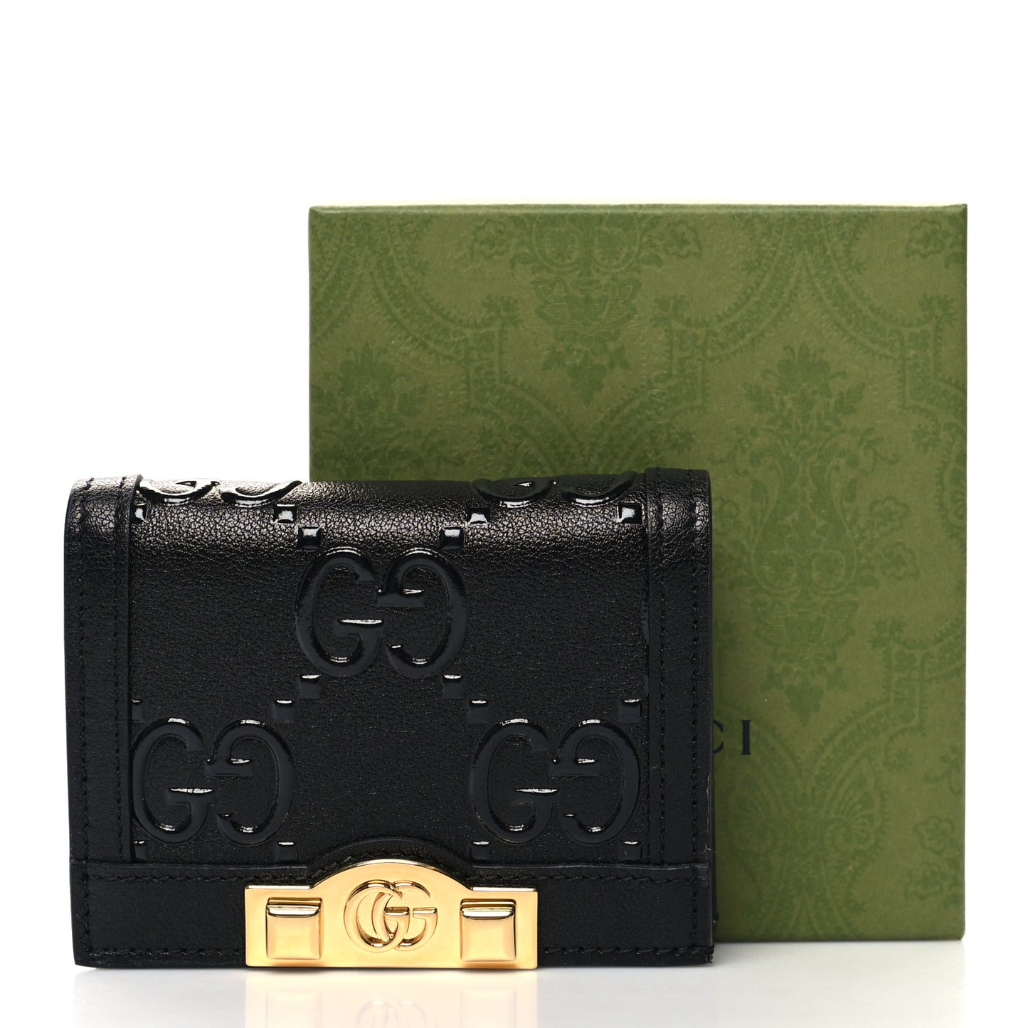 Wonka Grain Calfskin GG Monogram Embossed Card Case Wallet Black