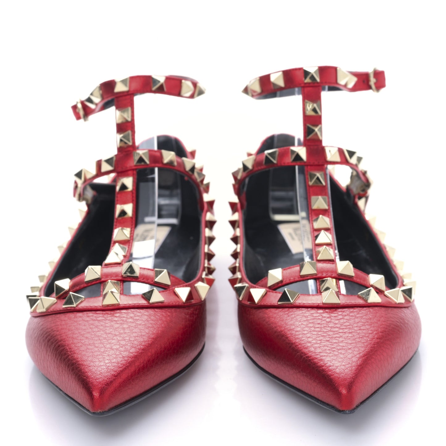 Metallic Pebbled Calfskin Rockstud Cage Ballerina Flats 38 Rosso Valentino