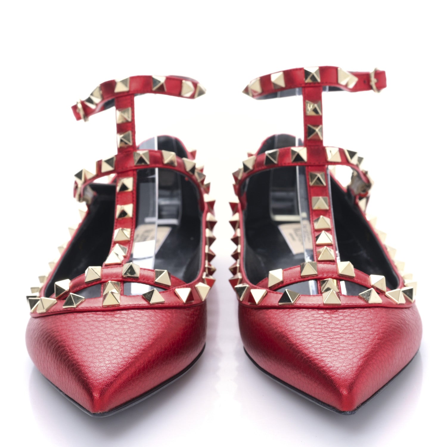 Valentino Garavani Metallic Pebbled Calfskin Rockstud Cage Ballerina Flats 38 Rosso Valentino 2 of 9