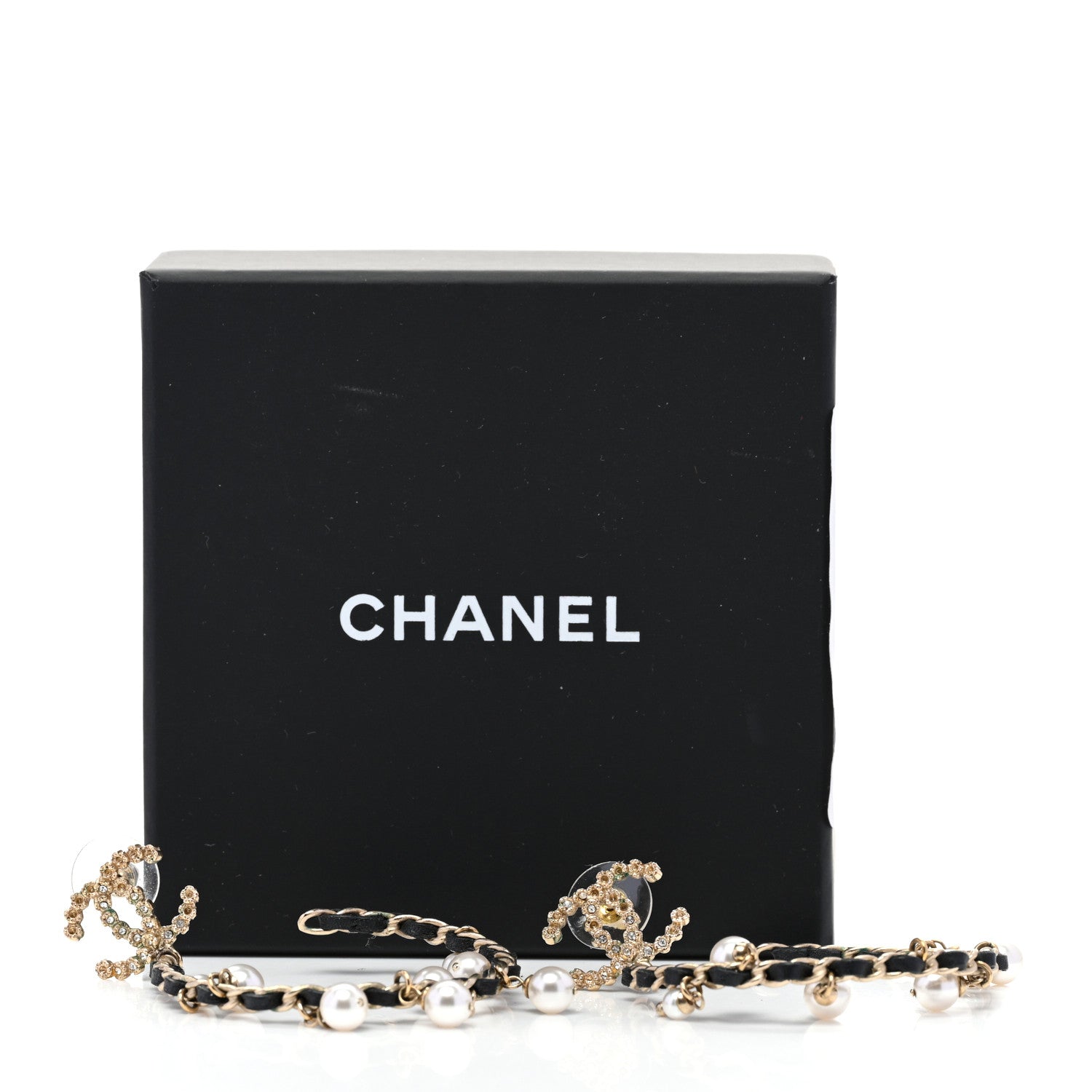 Chanel Lambskin Pearl Crystal CC Chain Hoop Earrings Gold Black 10 of 10